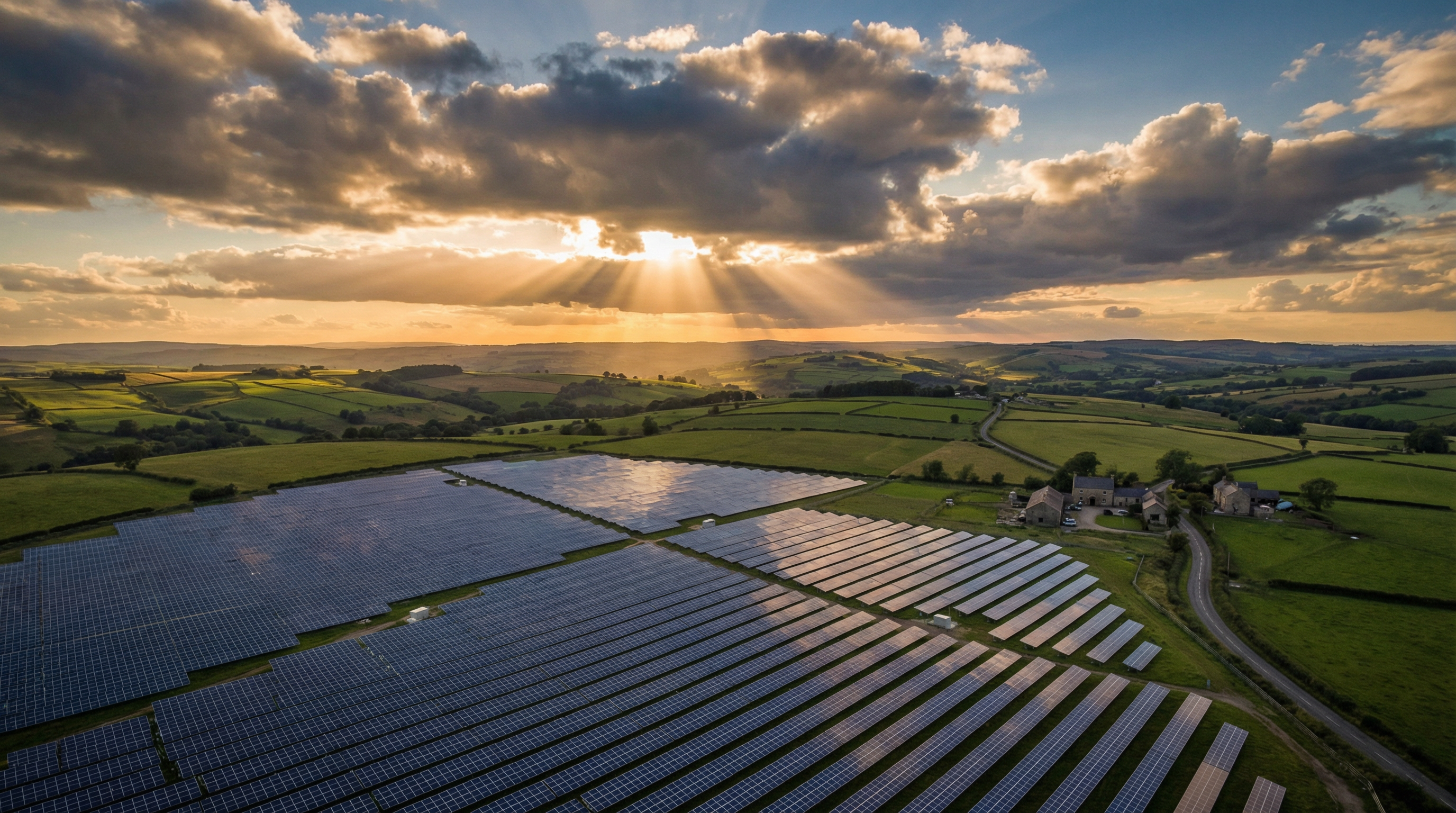 Solar panel farm at sunset