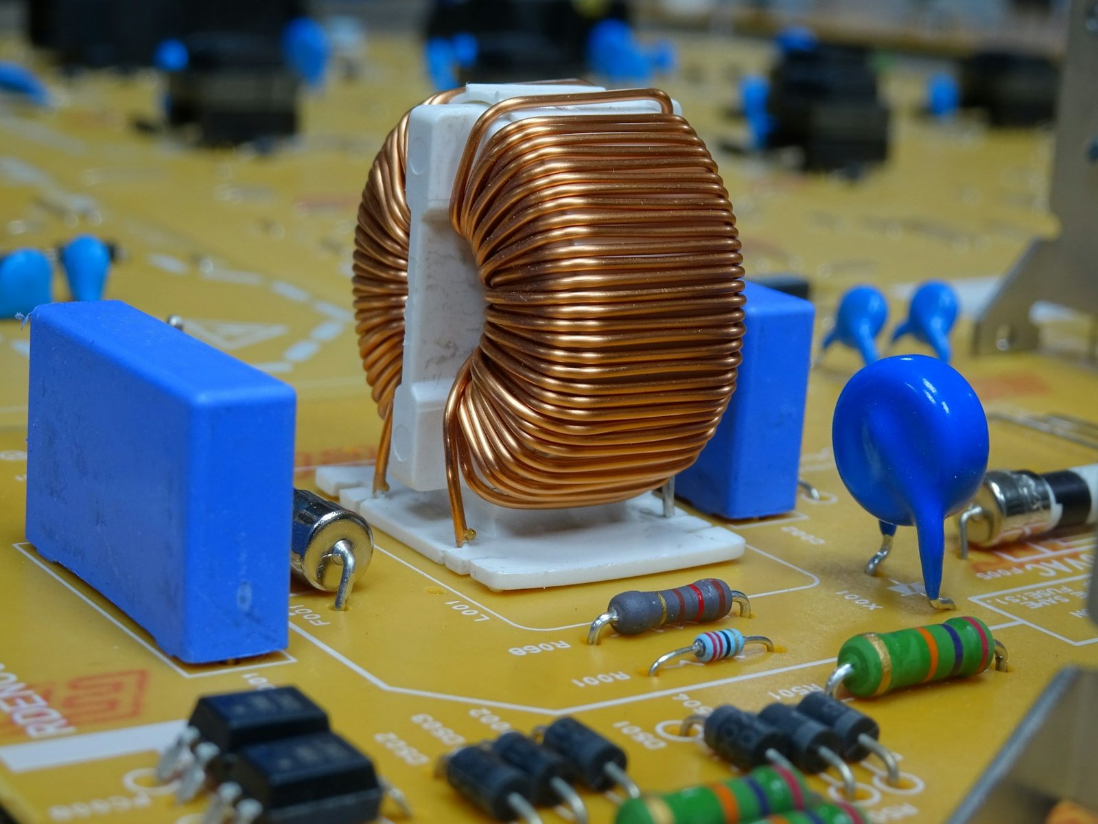 Macro view of a printed circuit board with dense electronic components